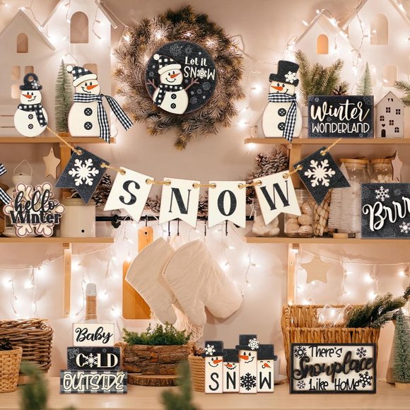 24 Pcs Black White Distressed Style Set Let It Snow Snowflake Wooden Tray Decor - Picture 7 of 7